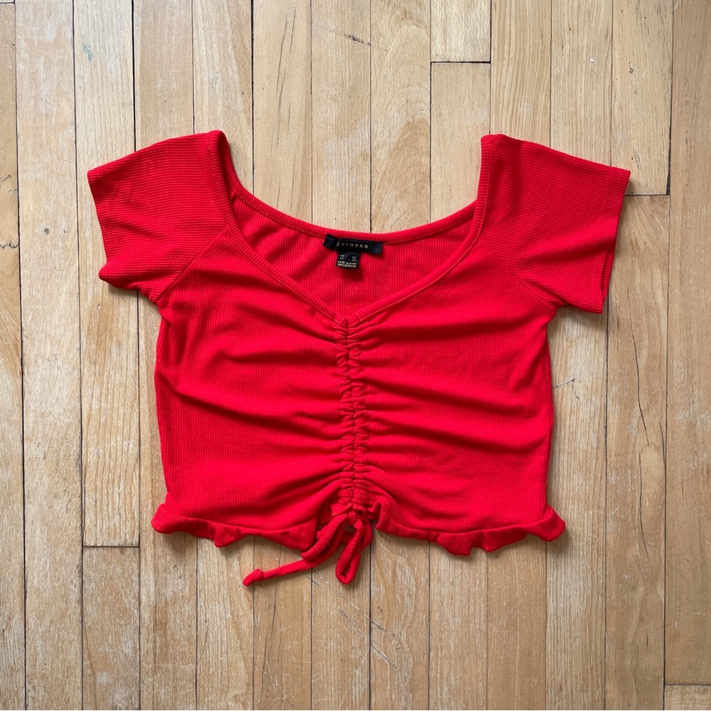 nwot revamped red ruched drawstring ruffle short sleeve crop top medium large